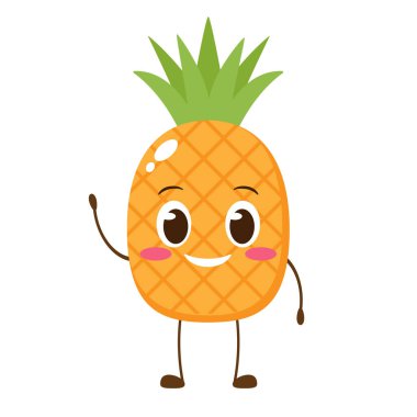 Sevimli mutlu ananas karakteri. Merhaba yaz kartı. Düz stil komik çizgi film simgesi. Meyve emoji vektör illüstrasyonu