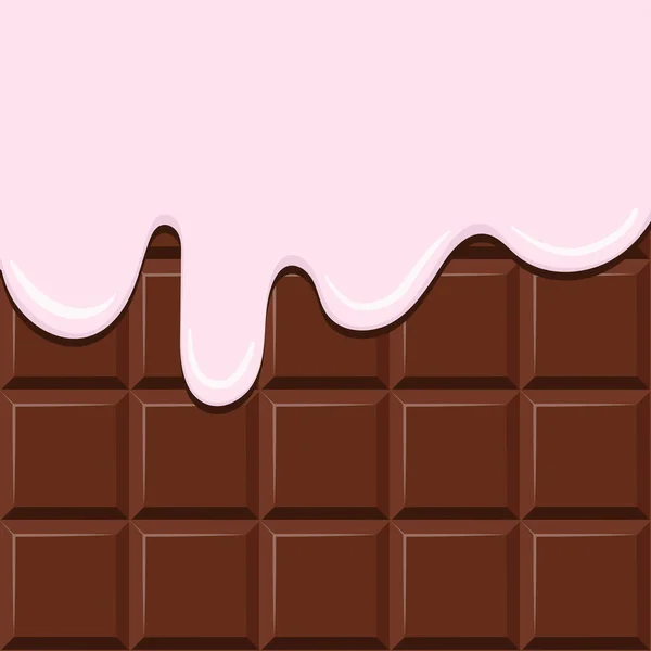 チョコレートバーのベクトルの背景に流れるクリーム チョコレートの食感にピンク色のクリームを溶かす シロップの釉薬が落ちます 甘いデザート — ストックベクタ