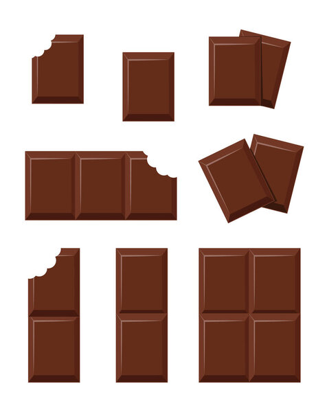 Pieces of chocolate, full and bitten. Milk chocolate bites set. Organic cocoa product vector illustration