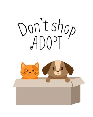 Alışveriş yapma, afiş kabul et. Karton bir kutunun içindeki sevimli evsiz köpek ve kedi yavrusu evlat edinilmek için yalvarıyor. Hayvan barınağı posteri için kedi ve köpek vektör çizimi
