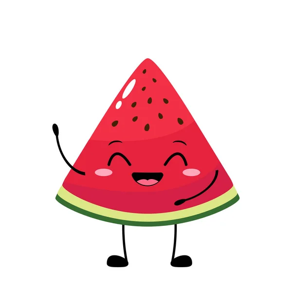 Vattenmelonskiva Karaktär Med Roligt Ansikte Glad Söt Tecknad Emoji Vattenmelon — Stock vektor