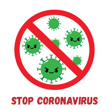 Coronavirus kırmızı işaretini durdur. Covid-19 sağlık tehlikesi. Grip salgını. Virüs hücreleri vektör illüstrasyonlu pandemik karantina kavramı