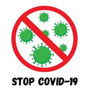 Coronavirus kırmızı işaretini durdur. Covid-19 sağlık tehlikesi. Grip salgını. Virüs hücreleri vektör illüstrasyonlu pandemik karantina kavramı