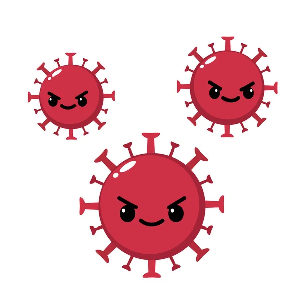 Rajzfilm Coronavirus Emoji Vörös Vírussejt Karakter Arccal Covid Emotikon Gonosz — Stock Vector