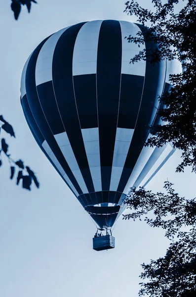 Balon z gorącym powietrzem leci o wschodzie słońca. Toned niebieski trend kolor roku 2020 — Zdjęcie stockowe