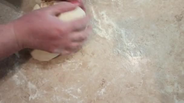 Kuchen mit Käse und Kräutern mit dem Kind backen. — Stockvideo