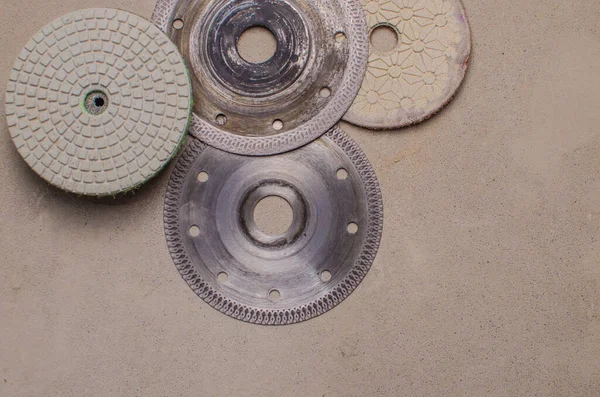 Special collection of diamond cutting blades. Disks for polishing, grinding. Closeup, place for text