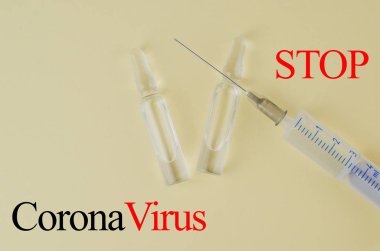 Coronavirus 2019 'u durdurun. İğneler, virüs hapları. Metin için alanı kopyala