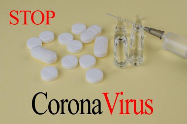 Coronavirus 2019 'u durdurun. İğneler, virüs hapları. Metin için alanı kopyala