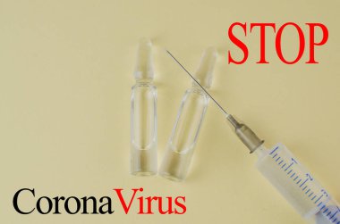 Coronavirus 2019 'u durdurun. İğneler, virüs hapları. Metin için alanı kopyala