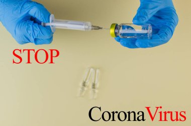 Coronavirus 2019 'u durdurun. İğneler, virüs hapları. Metin için alanı kopyala