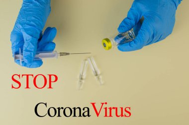 Coronavirus 2019 'u durdurun. İğneler, virüs hapları. Metin için alanı kopyala