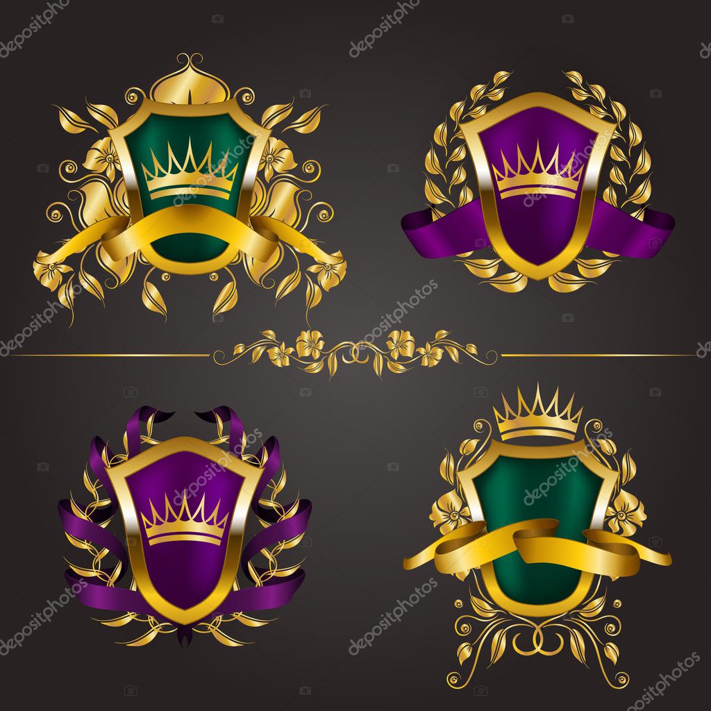 Set of golden royal shields with floral elements, ribbons, laurel wreaths for page, web design. Old frame, border, crown, divider in vintage style for label, emblem, badge, logo. Illustration EPS10