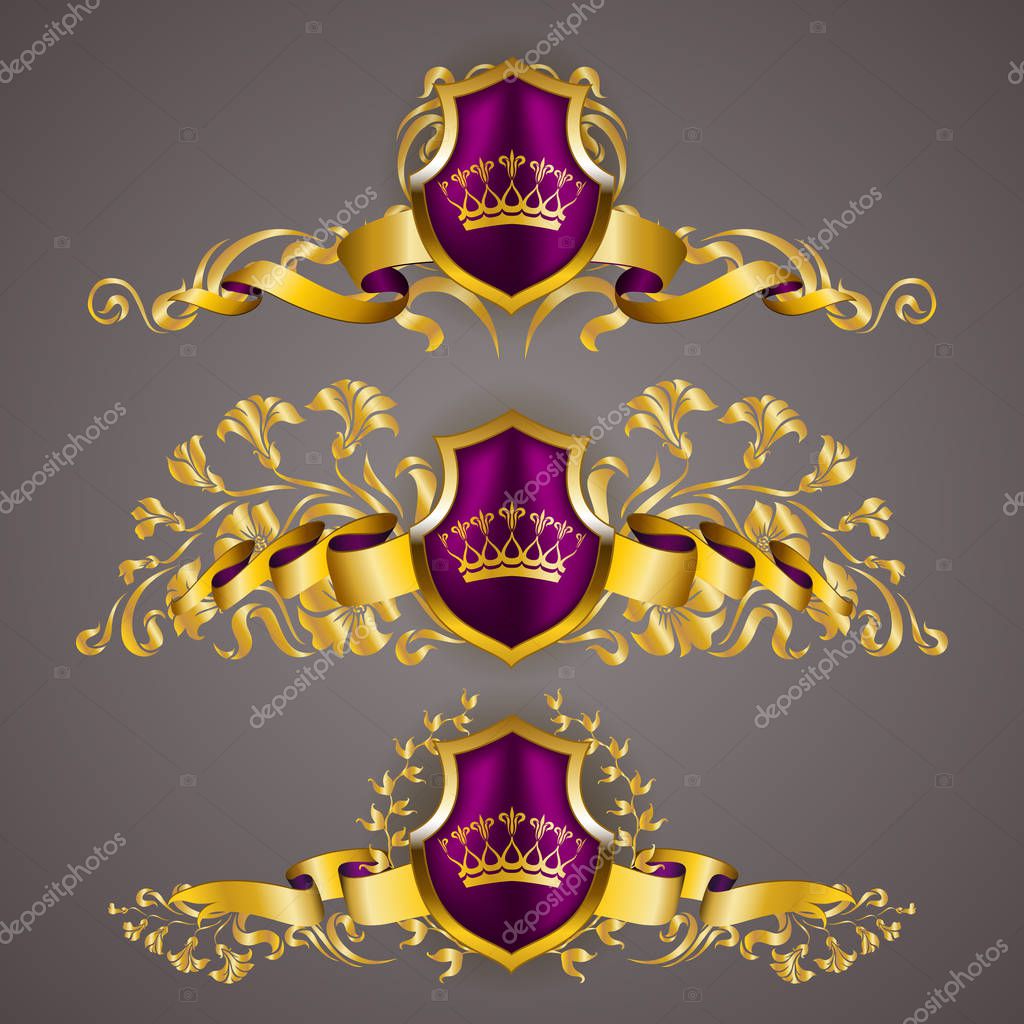 Set of golden royal shields with floral elements, ribbons, laurel wreaths for page, web design. Old frame, border, crown in vintage style for label, emblem, badge, logo. Vector illustration EPS10