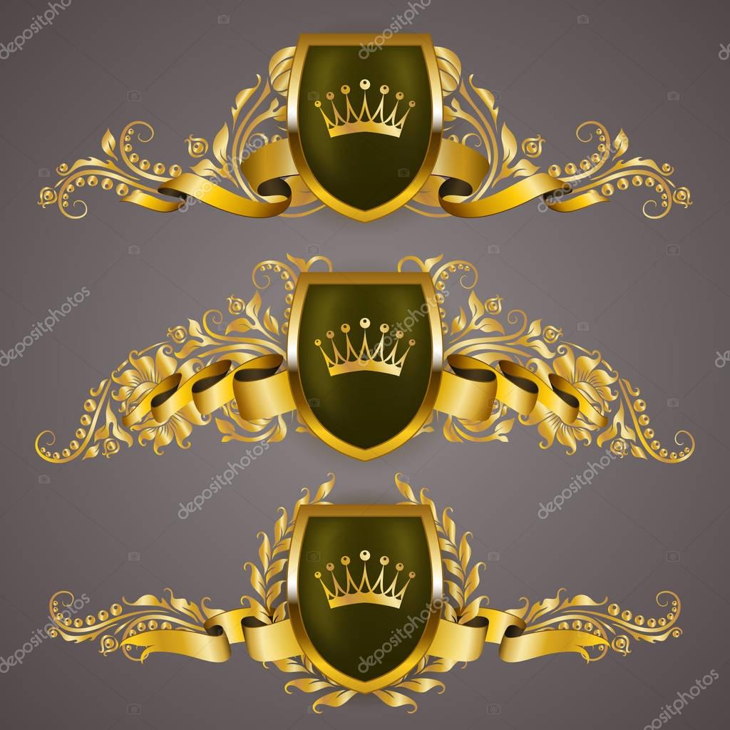 Set of golden royal shields with floral elements, ribbons, laurel wreaths for page, web design. Old frame, border, crown in vintage style for label, emblem, badge, logo. Vector illustration EPS10