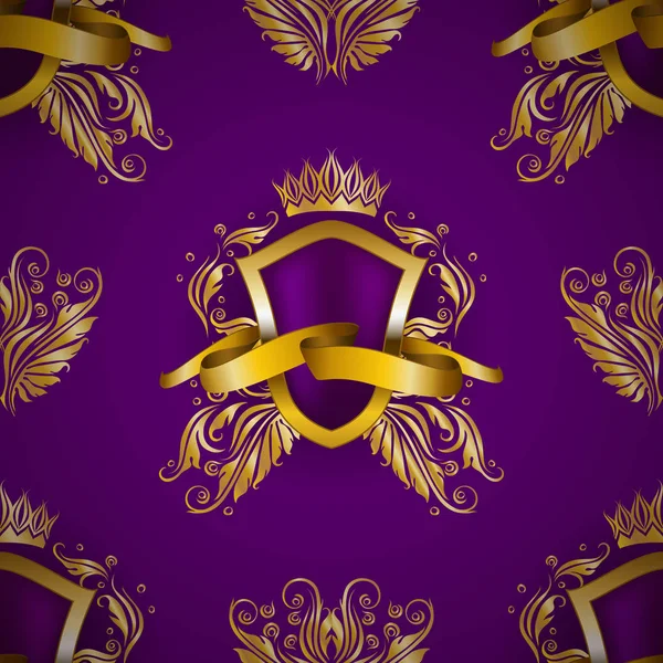 花の要素を持つ黄金王の盾 — ストックベクタ