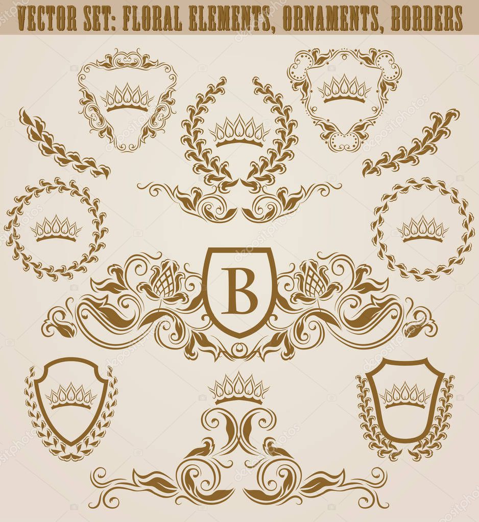 Set of golden monograms with floral elements for page, web design. Filigree royal shields, old frames, borders in vintage style for label, emblem, badge, logo, wedding card, invitation. Illustration.