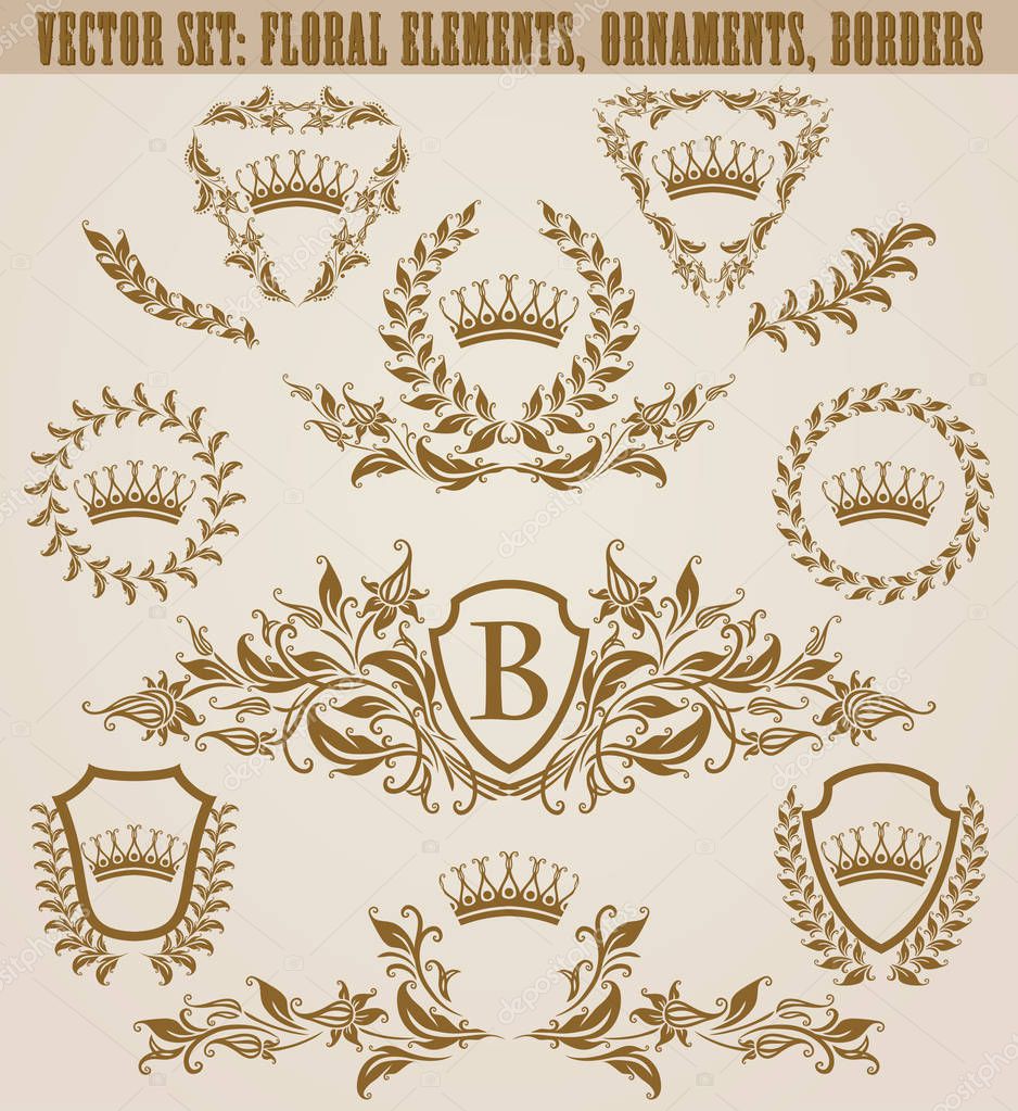 Set of golden monograms with floral elements for page, web design. Filigree royal shields, old frames, borders in vintage style for label, emblem, badge, logo, wedding card, invitation. Illustration.