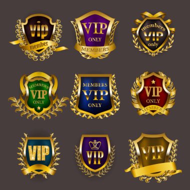 Gri zemin üzerine altın VIP Monogram grafik tasarım için set.