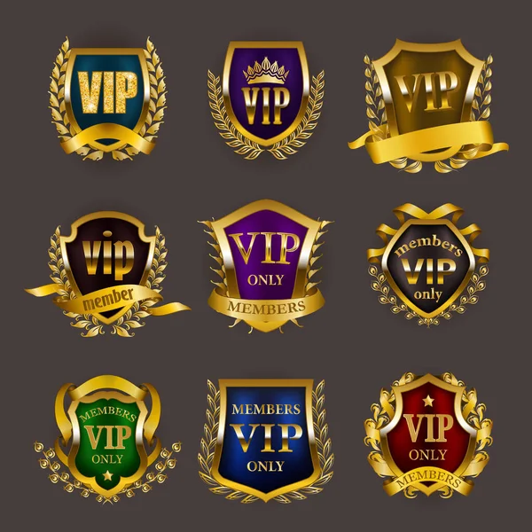 Set von Gold-VIP-Monogrammen für grafische Gestaltung auf grauem Hintergrund. Stockvektor