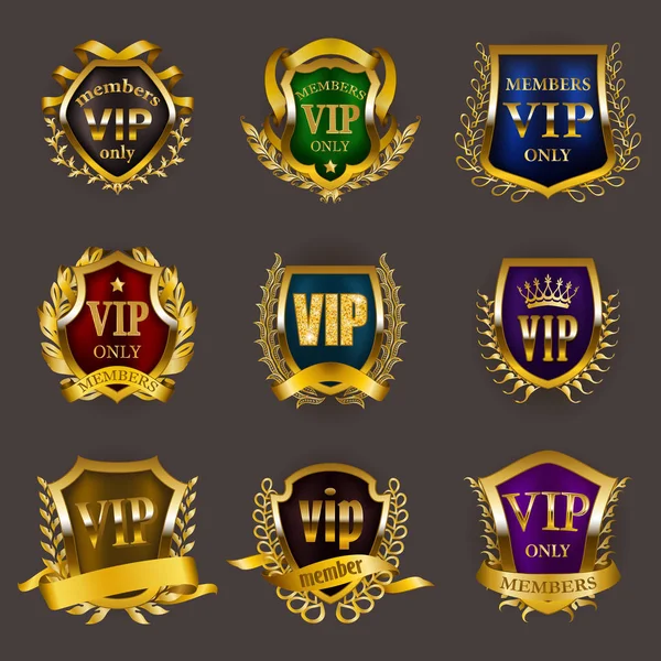 Set of gold vip monograms for graphic design on gray background. — Stock Vector