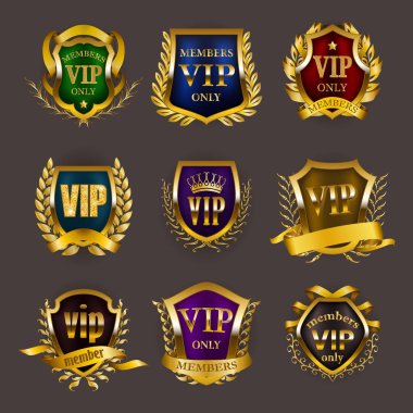 Gri zemin üzerine altın VIP Monogram grafik tasarım için set.
