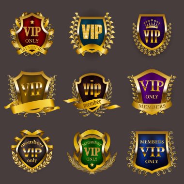 Gri zemin üzerine altın VIP Monogram grafik tasarım için set.