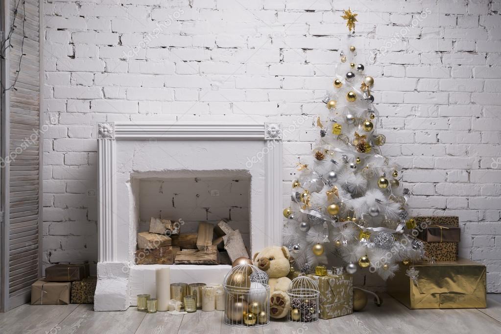 White Christmas Tree With Golden And Silver Balls Gift Boxes