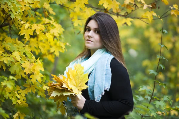 Young beautiful caucasian plus size model in black dress outdoors, xxl woman on nature, autumn atmosphere — Stock Photo, Image