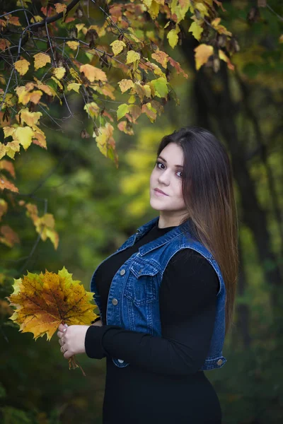 Joven modelo hermoso caucásico más tamaño en jeans chaleco al aire libre, xxl mujer en la naturaleza, atmósfera de otoño —  Fotos de Stock