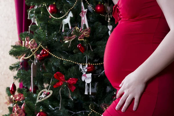 Young pregnant woman in red dress posing on the background of Christmas tree — Stock Photo, Image