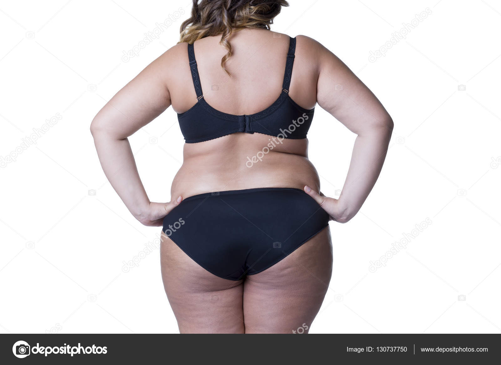 Plus size model in black lingerie, overweight female body, fat