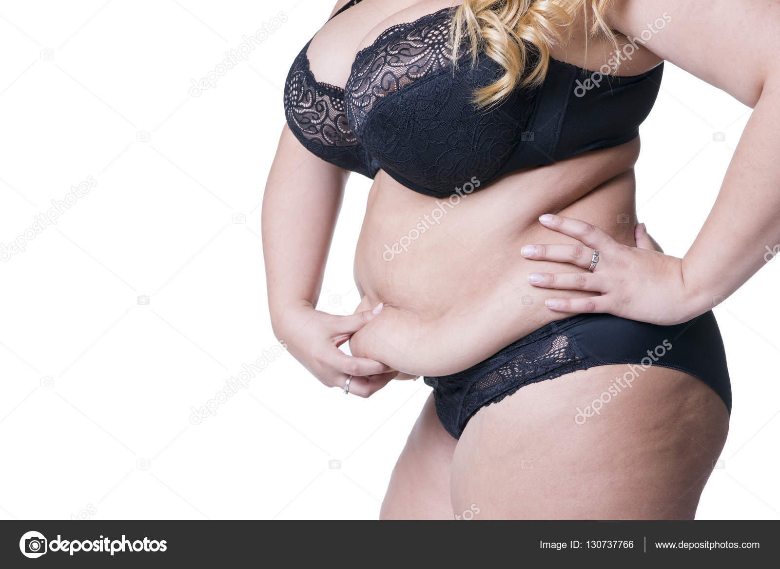 Plus size model in black lingerie, overweight female body, fat woman with  flabby stomach isolated on white background Stock Photo by ©starast  130737766