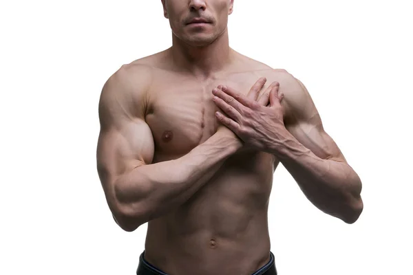 Homem de meia-idade muscular posando em fundo branco, tiro estúdio isolado — Fotografia de Stock