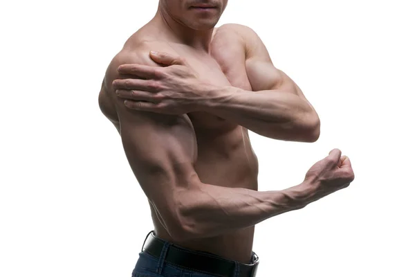 Homem de meia-idade muscular posando em fundo branco, tiro estúdio isolado — Fotografia de Stock