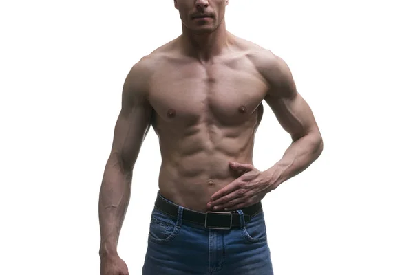 근육 질 중 년 남자가 흰색 배경에 포즈 절연 스튜디오 샷 — 스톡 사진