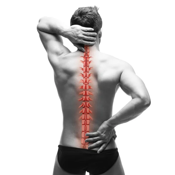 Dolor de columna vertebral, hombre con dolor de espalda y dolor en el cuello, foto en blanco y negro con columna vertebral roja — Foto de Stock