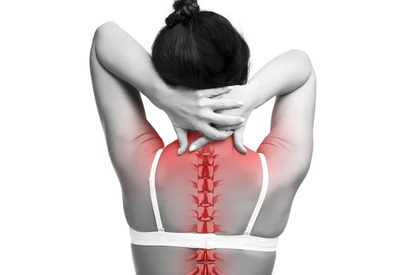 Spine pain, woman with backache and ache in the neck, black and white photo with red backbone — Stock Photo, Image