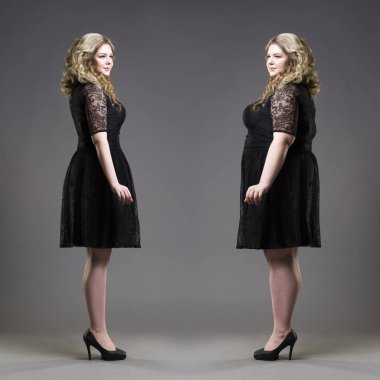 After before loss weight concept, plus size and slim models in black dresses on gray background clipart