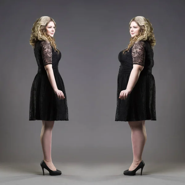 Después de concepto de peso antes de la pérdida, más el tamaño y los modelos delgados en vestidos negros sobre fondo gris — Foto de Stock