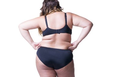 Plus size model in black lingerie, overweight female body, fat woman with cellulitis on buttocks isolated on white background clipart