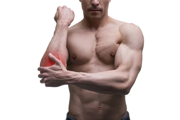 Πόνος στον αγκώνα, μυώδες σώμα αρσενικό, απομονώνονται σε λευκό φόντο — Φωτογραφία Αρχείου