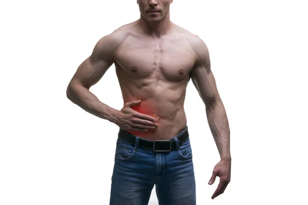 Ataque de apendicite, dor no lado direito do corpo muscular masculino, isolado no fundo branco — Fotografia de Stock