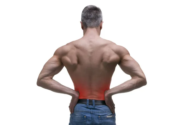 Homem de meia idade com dor nos rins, corpo masculino muscular, estúdio isolado tiro no fundo branco — Fotografia de Stock