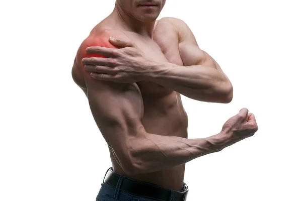Hombre con dolor en el hombro, dolor en el cuerpo masculino muscular, aislado sobre fondo blanco —  Fotos de Stock