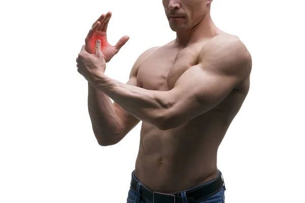 Dolor en la mano, síndrome del túnel carpiano, cuerpo masculino muscular, estudio aislado plano sobre fondo blanco — Foto de Stock