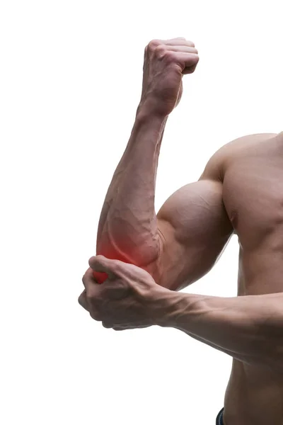 Dolore al gomito, corpo maschile muscolare, isolato su sfondo bianco — Foto Stock