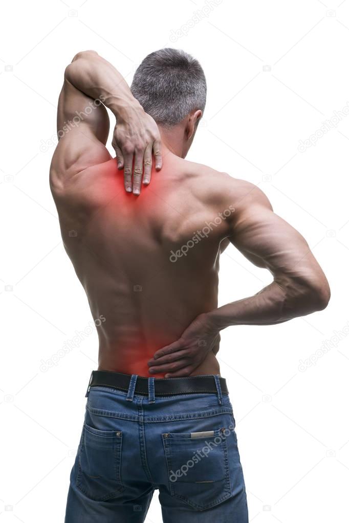 Middle aged man with back pain, muscular male body, studio isolated shot on white background