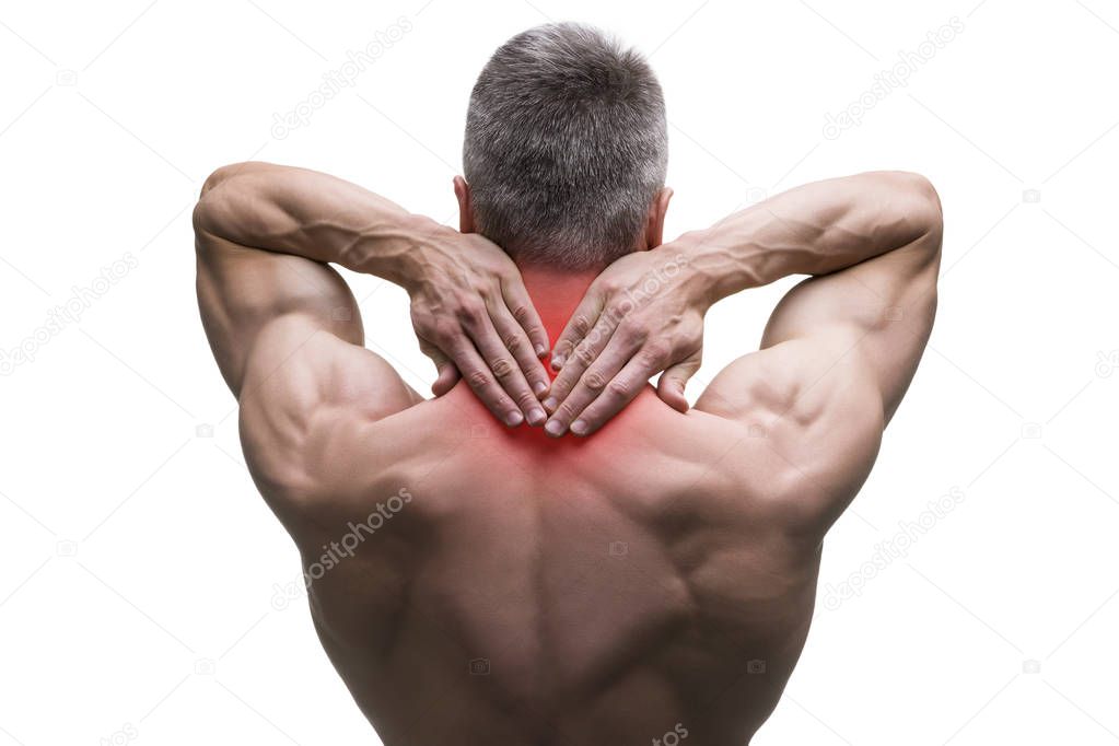 Middle aged man with pain in neck, muscular male body, studio isolated shot on white background