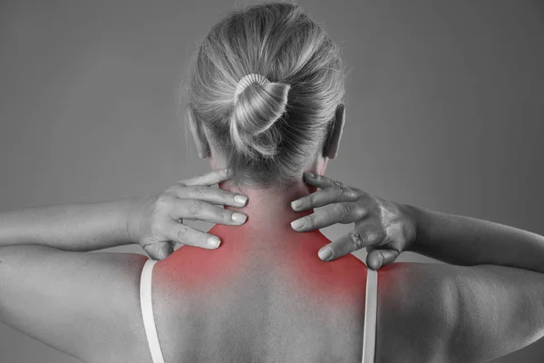 Neck pain, massage of female body, ache in woman's body — Stock Image Neck pain, massage of female body, ache in woman's body Stock Picture